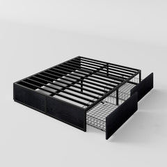 Full Platform Bed Frame with 2 Large Storage Drawers, Rustic Wood and Metal, Noise-Free, Easy Assembly, No Box Spring Needed, Black