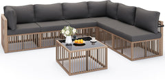 7-Piece Outdoor Sectional Furniture Set, All-Weather Wicker Patio Sofa with Washable Cushions, Gray Waterproof Rattan Conversation Set for Backyard, Poolside, Garden (Gray Cushions)
