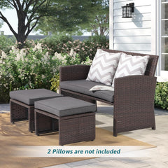 Outdoor Loveseat 3 Piece Patio Furniture Set Outdoor Conversation Set All-Weather Wicker Love Seat with Ottoman/Side Table, Brown Rattan, Dark Grey