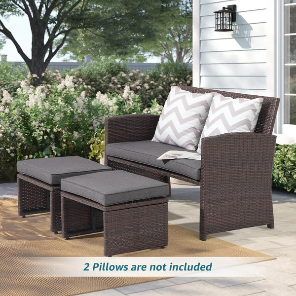 Outdoor Loveseat 3 Piece Patio Furniture Set Outdoor Conversation Set All-Weather Wicker Love Seat with Ottoman/Side Table, Brown Rattan, Dark Grey