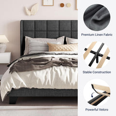Queen Size Platform Bed Frame with Wingback, Fabric Upholstered Square Stitched Headboard and Wooden Slats, Mattress Foundation, Box Spring Optional, Easy Assembly, Dark Grey