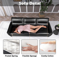 85” Black Faux Leather Couch with USB, 3 Seater Sofa Couches for Living Room, Large Mid Century Modern Office Apartment Couch (Black)