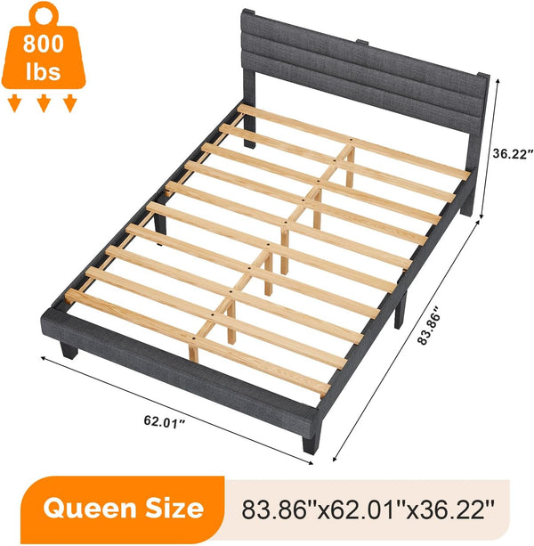 Platform Bed Frame Queen Size with Linen Fabric Headboard,Modern Panel Low Profile Bed with Upholstered & Sturdy Slats Support for Bedroom, Mattress Foundation, Dark Gray