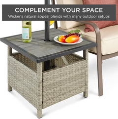Wicker Side Table with Umbrella Hole, Square PE Rattan Outdoor End Table for Patio, Garden, Poolside, Deck W/Uv-Resistant Frame, Storage Space - Gray