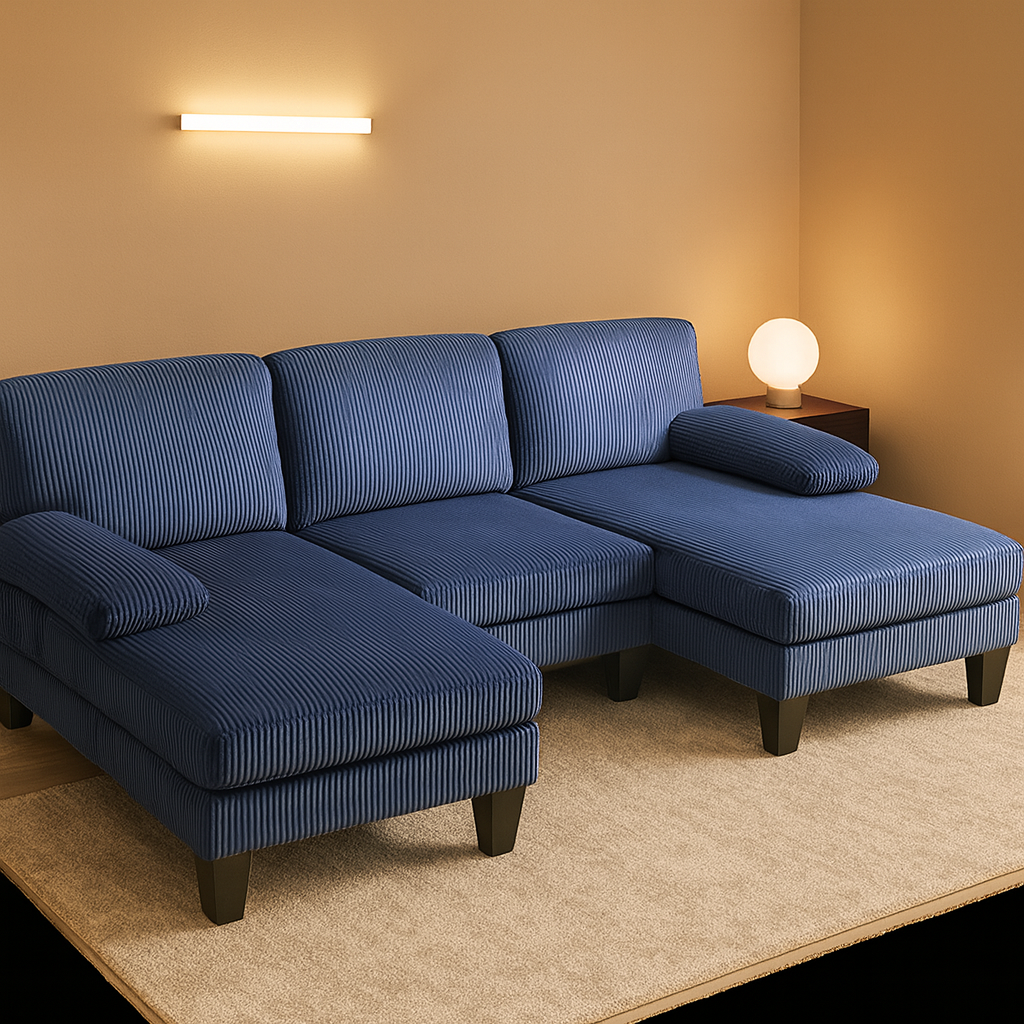 110" U-Shaped Sectional Sofa with Double Chaise, 4-Seat Corduroy Couch in Ocean Blue for Living Room Furniture