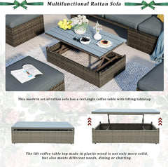 6 Piece Outdoor Patio Furniture Set with Lift Top Table & Ottomans, Outdoor Sectional All Weather PE Rattan Wicker Sectional Furniture Chair Set with Cushions and Tea Table (Dark Gray)