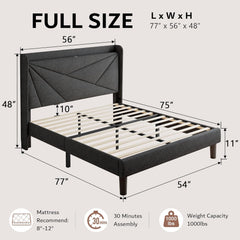 Full Size Bed Frame with Charging Station, Linen Platform Bed Frame with Wingback Headboard Upholstered Bedframe, Solid Wood Slats Support, No Box Spring Needed, Easy Assembly, Dark Grey