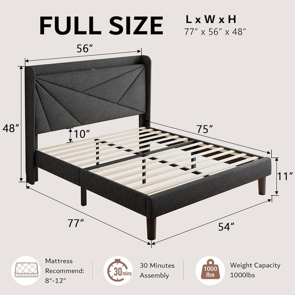 Full Size Bed Frame with Charging Station, Linen Platform Bed Frame with Wingback Headboard Upholstered Bedframe, Solid Wood Slats Support, No Box Spring Needed, Easy Assembly, Dark Grey
