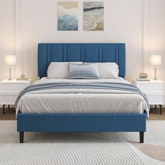 Queen Size Bed with Headboard and Storage, Queen Upholstered Platform Beds with Wooden Slats Support, Fabric Bed Frame, No Box Spring Required, Easy Assembly, Blue