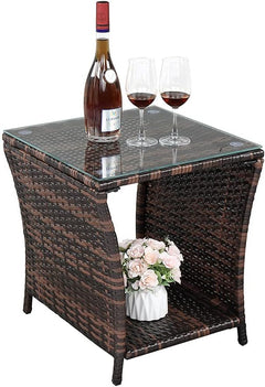 Outdoor Wicker Side Table Patio Side Tables for Outside, Tempered Glass Top Wicker Table with Storage End Table for Balcony Porch Deck (Brown)