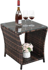 Outdoor Wicker Side Table with Tempered Glass Top and Storage for Patio, Balcony, and Deck (Brown)