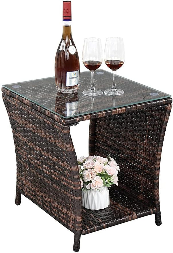 Outdoor Wicker Side Table with Tempered Glass Top and Storage for Patio, Balcony, and Deck (Brown)