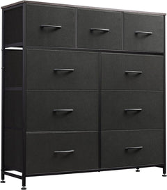 9-Drawer Dresser, Fabric Storage Tower for Bedroom, Hallway, Entryway, Closet, Tall Chest Organizer Unit with Fabric Bins, Steel Frame, Wood Top, Easy Pull Handle, Rustic Brown Wood Grain Print