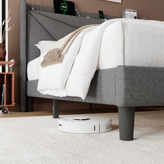 Full Size Bed Frame with Charging Station, Linen Platform Bed Frame with Wingback Headboard Upholstered Bedframe, Solid Wood Slats Support, No Box Spring Needed, Easy Assembly, Dark Grey