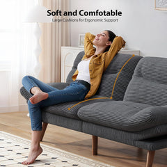 Convertible Futon Sofa Bed,66" Corduroy Futon Couch with Adjustable Backrest and Armrests, Recliner Sleeper Sofa for Small Spaces, Play Room or Office, Grey