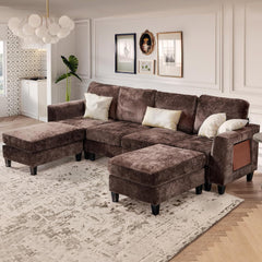 118-Inch U-Shaped Sectional Sofa with 4 Seats, 2 Ottomans, and Foldable Side Table in Grey for Living Room