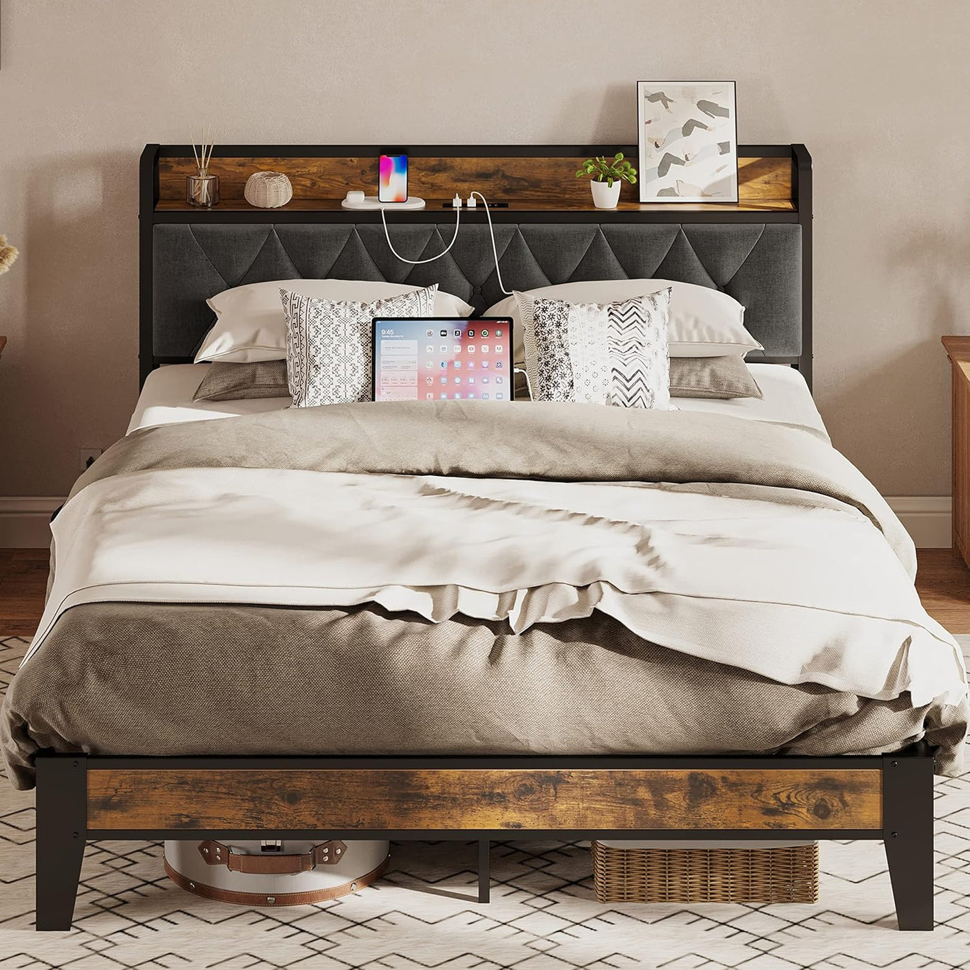 Full Size Bed Frame, Storage Headboard with Outlets, Easy to Install, Sturdy and Stable, No Noise, No Box Springs Needed - Perfect for a Good Night'S Sleep