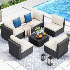 7 Pieces Patio Furniture Set, Outdoor Sectional Sofa PE Rattan Wicker Conversation Set outside Couch with Table and Cushions for Porch Lawn Garden Backyard(Beige+Black)