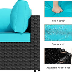 7 Piece Outdoor Patio Furniture Set, PE Rattan Conversation Sofa Set, Wicker Sectional Sofa Set with Cushions Couch Set & Coffee Table for Outside, Garden, Balcony, Light Blue