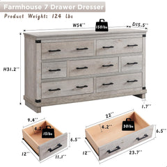 Farmhouse 7 Drawers Dresser for Bedroom, Wood Large Chest of Drawers with Thick Plank Styling, Rustic Closet Dresser for Bedroom, Living Room, Light Rustic Oak Color