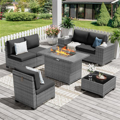 Patio Furniture Sets, 7 Pieces Outdoor Rattan Sectional Sofa Set with Glass Table and Cushions, Wicker Patio Conversation Set for Outdoor Indoor Backyard Lawn Garden Porch (Grey)