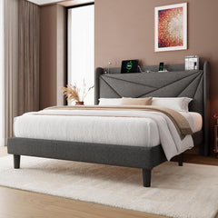Full Size Bed Frame with Charging Station, Linen Platform Bed Frame with Wingback Headboard Upholstered Bedframe, Solid Wood Slats Support, No Box Spring Needed, Easy Assembly, Dark Grey
