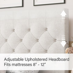 Queen Bed Frame with Headboard, Linen Fabric Upholstered Bed Frame Queen, Wood Slats Support, Button Tufted, No Box Spring Needed, White