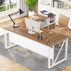 63 Inches Executive Desk and 47" Lateral File Cabinet, L-Shaped Computer Desk Home Office Business Furniture with Drawers and Storage Shelves, Office Table,Brown and Black