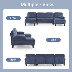 110" U-Shaped Sectional Sofa with Double Chaise, 4-Seat Corduroy Couch in Ocean Blue for Living Room Furniture