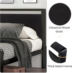 14 Inch Queen Size Metal Platform Bed Frame with Wooden Headboard and Footboard, Mattress Foundation, No Box Spring Needed, Large under Bed Storage, Non-Slip without Noise, Black Oak