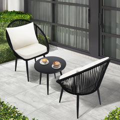 3 Pieces Bistro Set, Woven Rope Chair with Cushions, All Weather Patio Conversation Set and Side Table, Ideal for Deck, Balcony, Poolside, Black