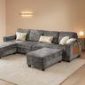 118-Inch U-Shaped Sectional Sofa with 4 Seats, 2 Ottomans, and Foldable Side Table in Grey for Living Room