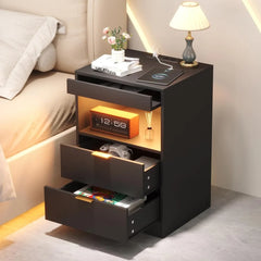 Wood Sofa End Side Table with 2 Drawers & LED Lights