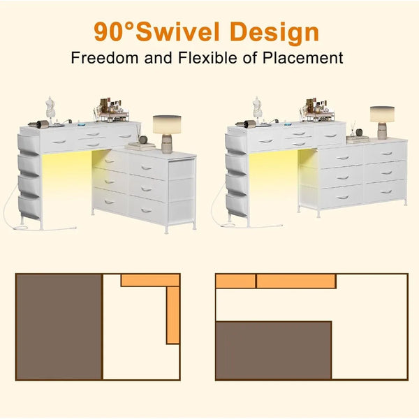 67" Rotatable Vanity Desk with Charging Station & LED Light