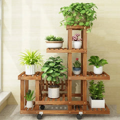6-Tier Wood Plant Stand with Wheels