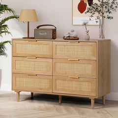 Modern 6-Drawer Double Dresser with Gold Handles