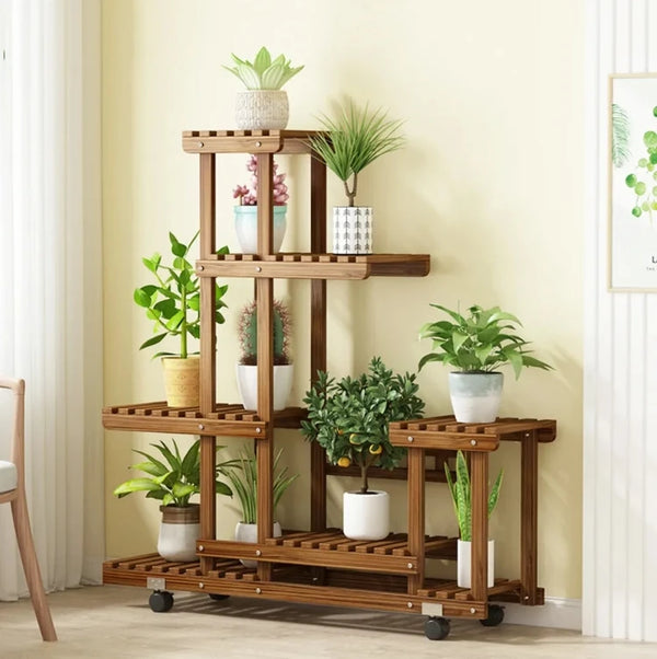 6-Tier Wood Plant Stand with Wheels
