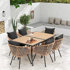 7-Piece Rattan Patio Dining Set with Wood Table