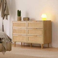 Modern 6-Drawer Double Dresser with Gold Handles