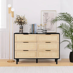 Modern 6-Drawer Double Dresser with Gold Handles