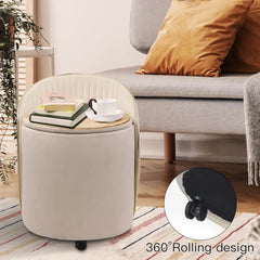 Round Velvet Storage Ottoman with Backrest