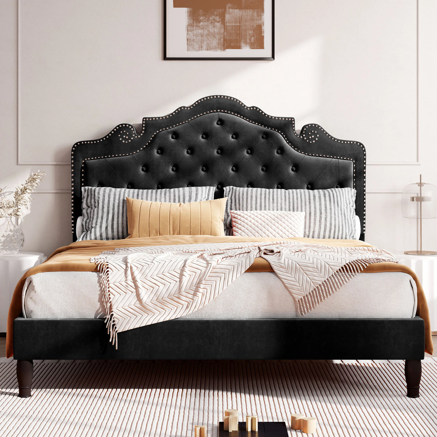 Bed Frame with Adjustable Velvet Tiara Headboard