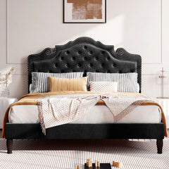 Bed Frame with Adjustable Velvet Tiara Headboard