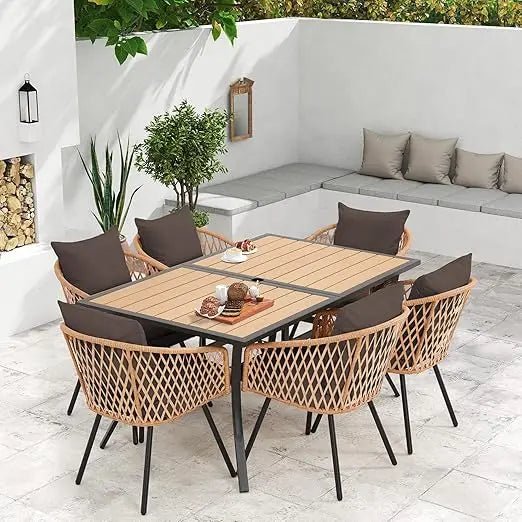 7-Piece Rattan Patio Dining Set with Wood Table