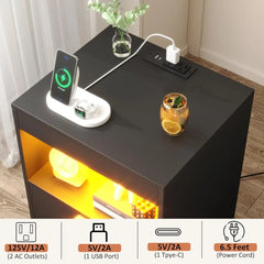 Wood Sofa End Side Table with 2 Drawers & LED Lights