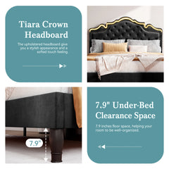 Bed Frame with Adjustable Velvet Tiara Headboard