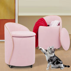 Round Velvet Storage Ottoman with Backrest