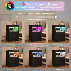 Wood Sofa End Side Table with 2 Drawers & LED Lights