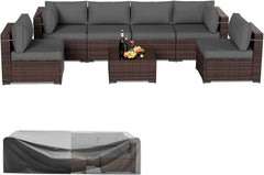 Patio Furniture Sets, 7 Pieces Outdoor Rattan Sectional Sofa Set with Glass Table and Cushions, Wicker Patio Conversation Set for Outdoor Indoor Backyard Lawn Garden Porch (Grey)