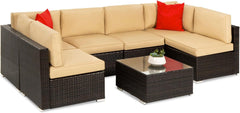 7-Piece Modular Outdoor Sectional Wicker Patio Conversation Set W/ 2 Pillows, Coffee Table, Cover Included - Gray/Cream